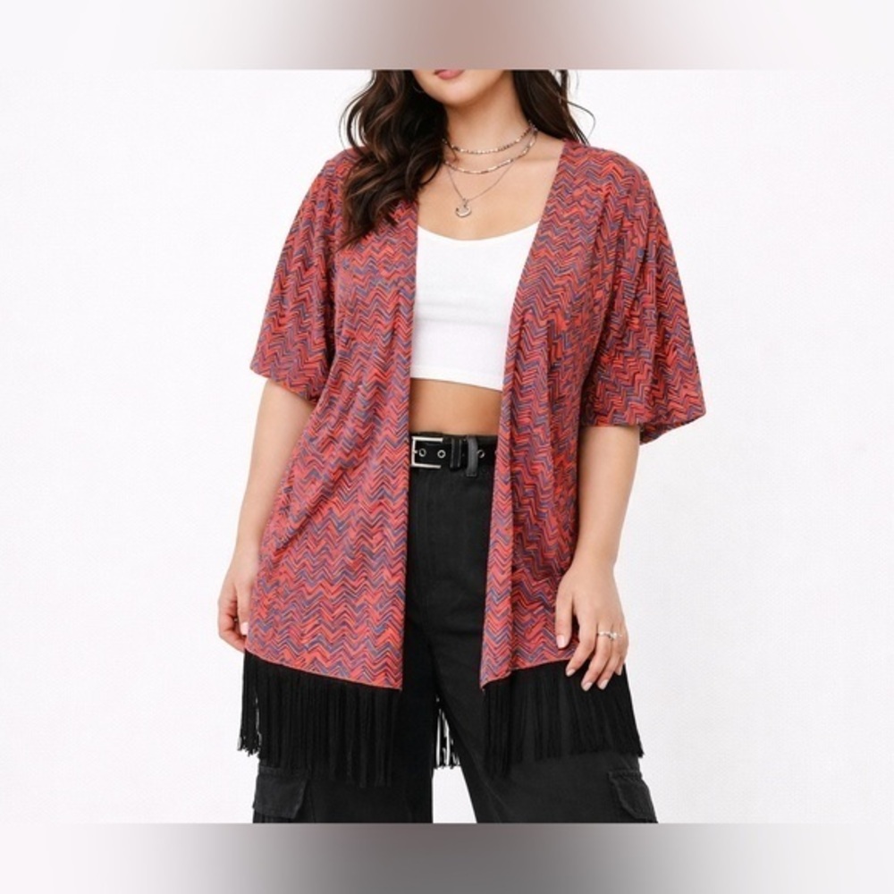 LuLaRoe Zigzag Fringe Kimono Cardigan Boho Festival Layer S